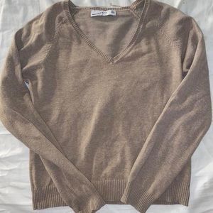 ZARA Beige Tan Preppy Knit V Neck Sweater